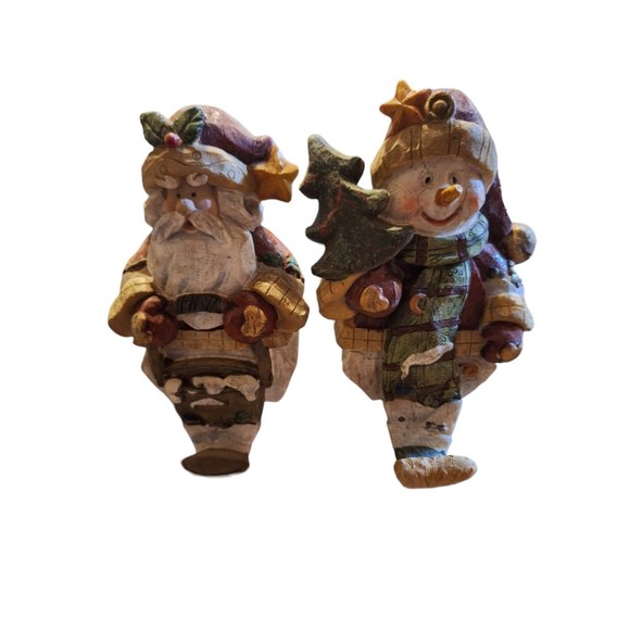 #1 Vintage “Wood Grain” Resin Santa and Snowman Stocking Hangers - Set of (2) - Picture 1 of 5